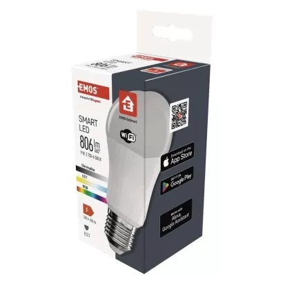 EMOS Chytrá LED žárovka GoSmart A60 / E27 / 9 W (60 W) / 806 lm / RGB / stmívatelná / Wi-Fi