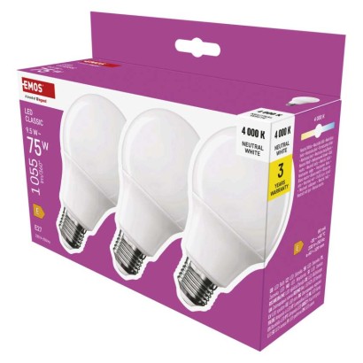 EMOS LED žárovka Classic A60 / E27 / 9,5 W (75 W) / 1055 lm / neutrální bílá