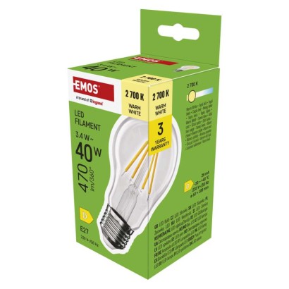 EMOS LED žárovka Filament A60 / E27 / 3,4 W (40 W) / 470 lm / teplá bílá