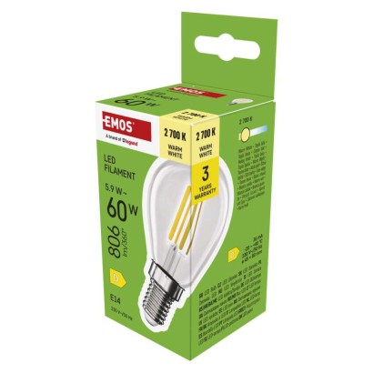 EMOS LED žárovka Filament Mini Globe / E14 / 5,9 W (60 W) / 806 lm / teplá bílá